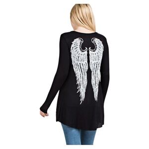 Vocal Black Textured V-Neck Shirt Biker Angel Wings with Rhinestone Tattoo.